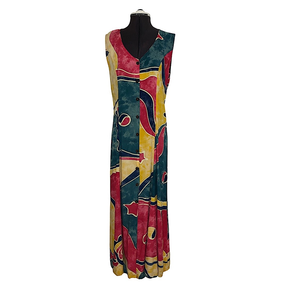 Reggae To Wear Jamaica Water Color Sleeveless Back Tie Button Down Maxi Dress M